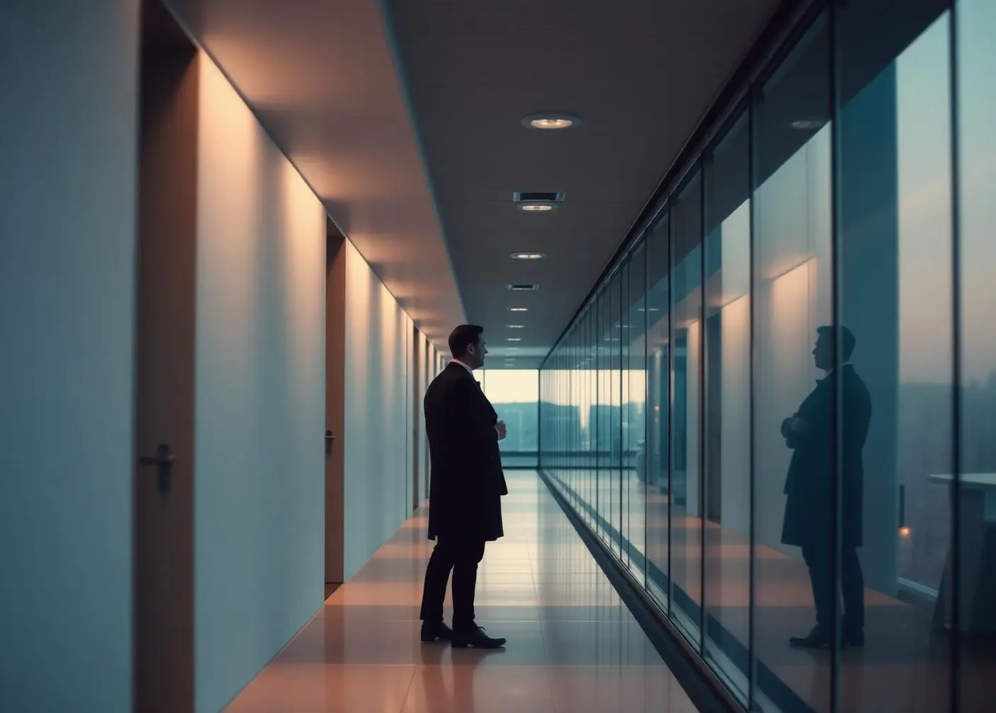 Two colleagues in quiet conversation in a calm, modern glass-walled office at dusk