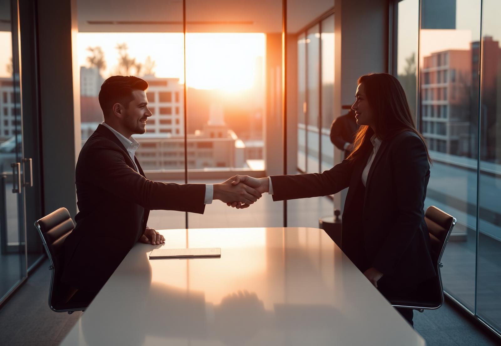 Two business partners shaking hands across a desk in a glass-walled office at sunset