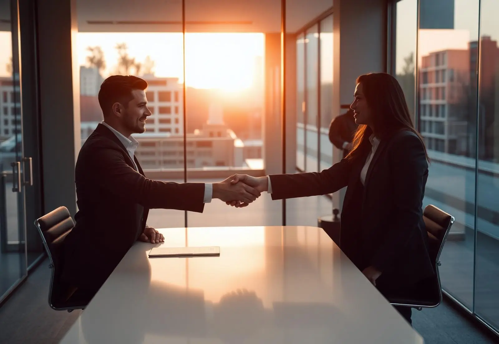 Two business partners shaking hands across a desk in a glass-walled office at sunset