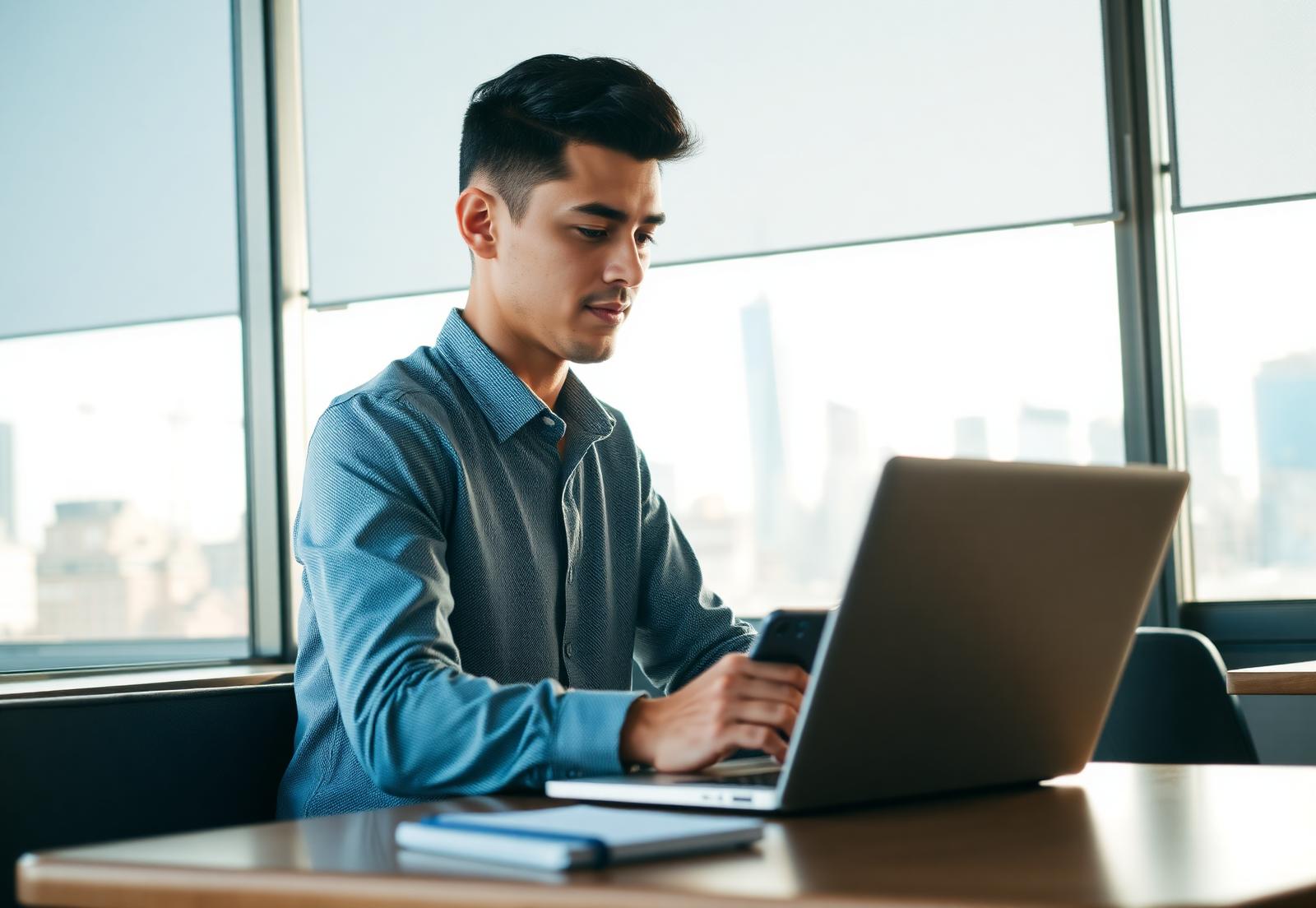 A young professional working on a laptop and phone at a sunlit desk overlooking a city